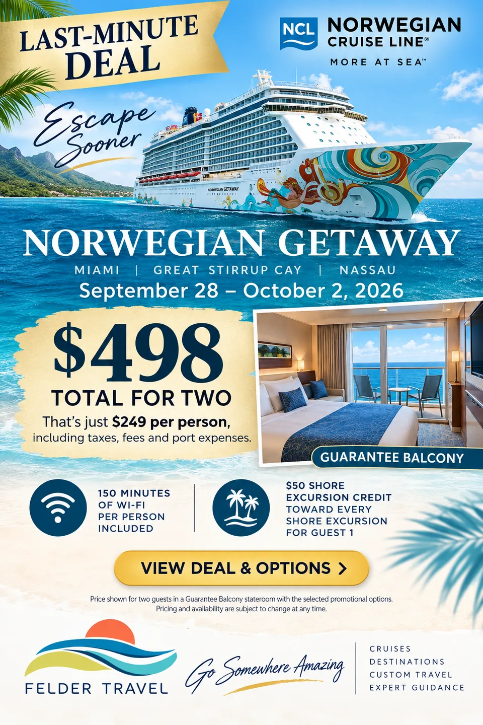 Last-minute deal: Norwegian Getaway, Miami to Great Stirrup Cay and Nassau, September 28 to October 2, 2026, 498 dollars total for two in a Guarantee Balcony stateroom