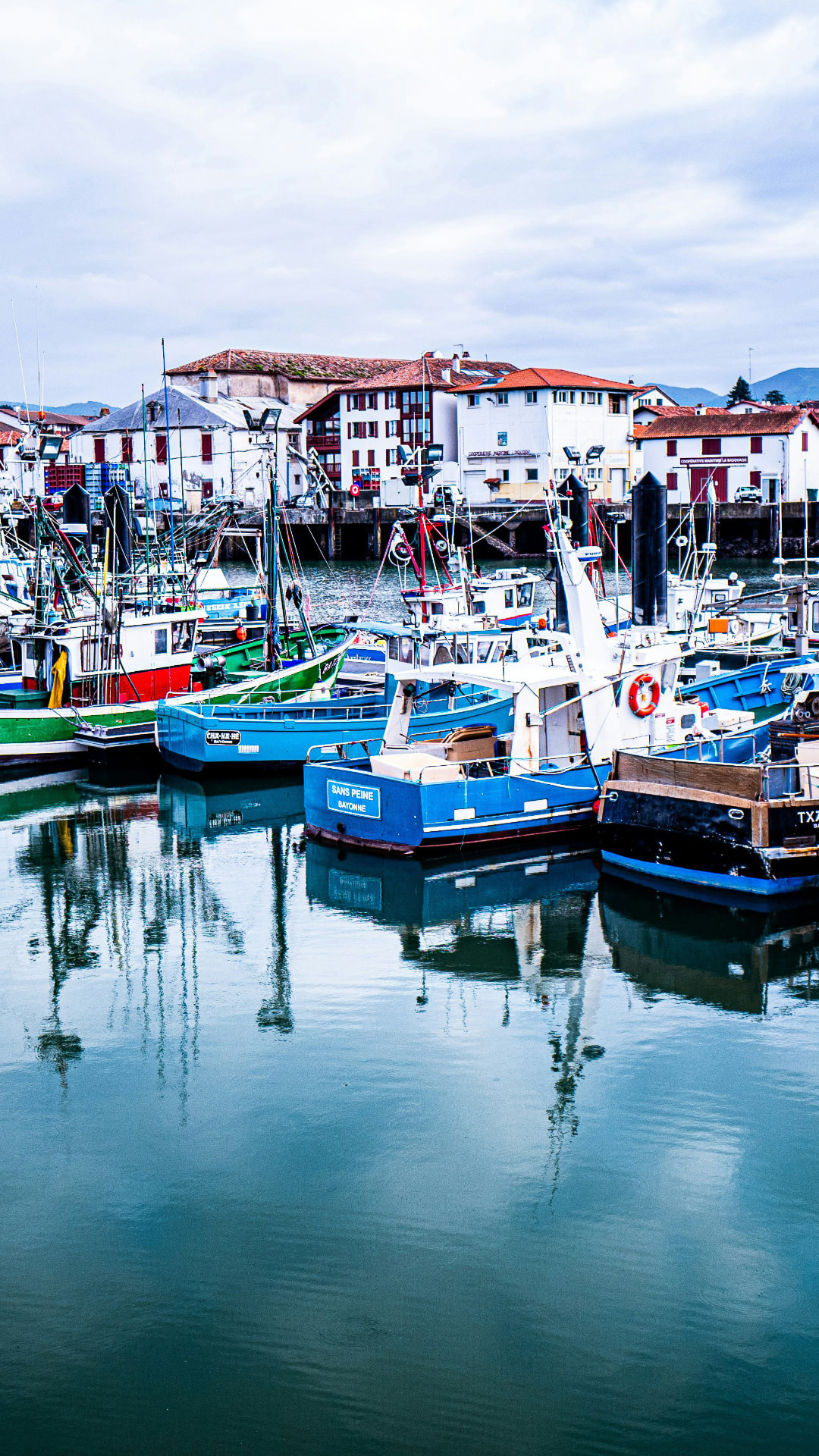 Blue and green fishing boats moored in a Basque harbor with traditional white houses behind