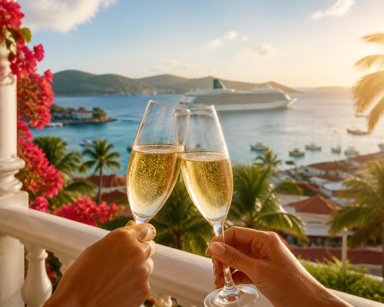 Two glasses raised in a toast on a sunlit balcony above a harbor