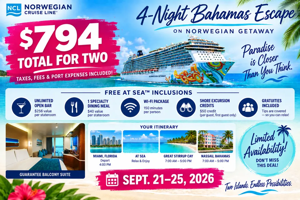 4-Night Bahamas Escape on Norwegian Getaway, 794 dollars total for two, Guarantee Balcony, September 21 to 25, 2026, departing Miami